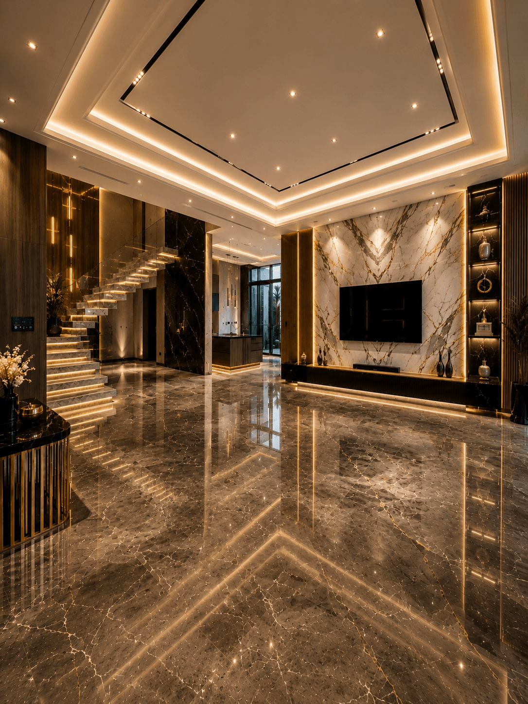 LAVIN GROUP luxury interior with floating marble staircase and marble feature wall