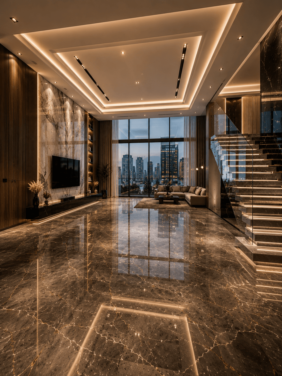 LAVIN GROUP luxury living space with floating staircase and floor-to-ceiling city views